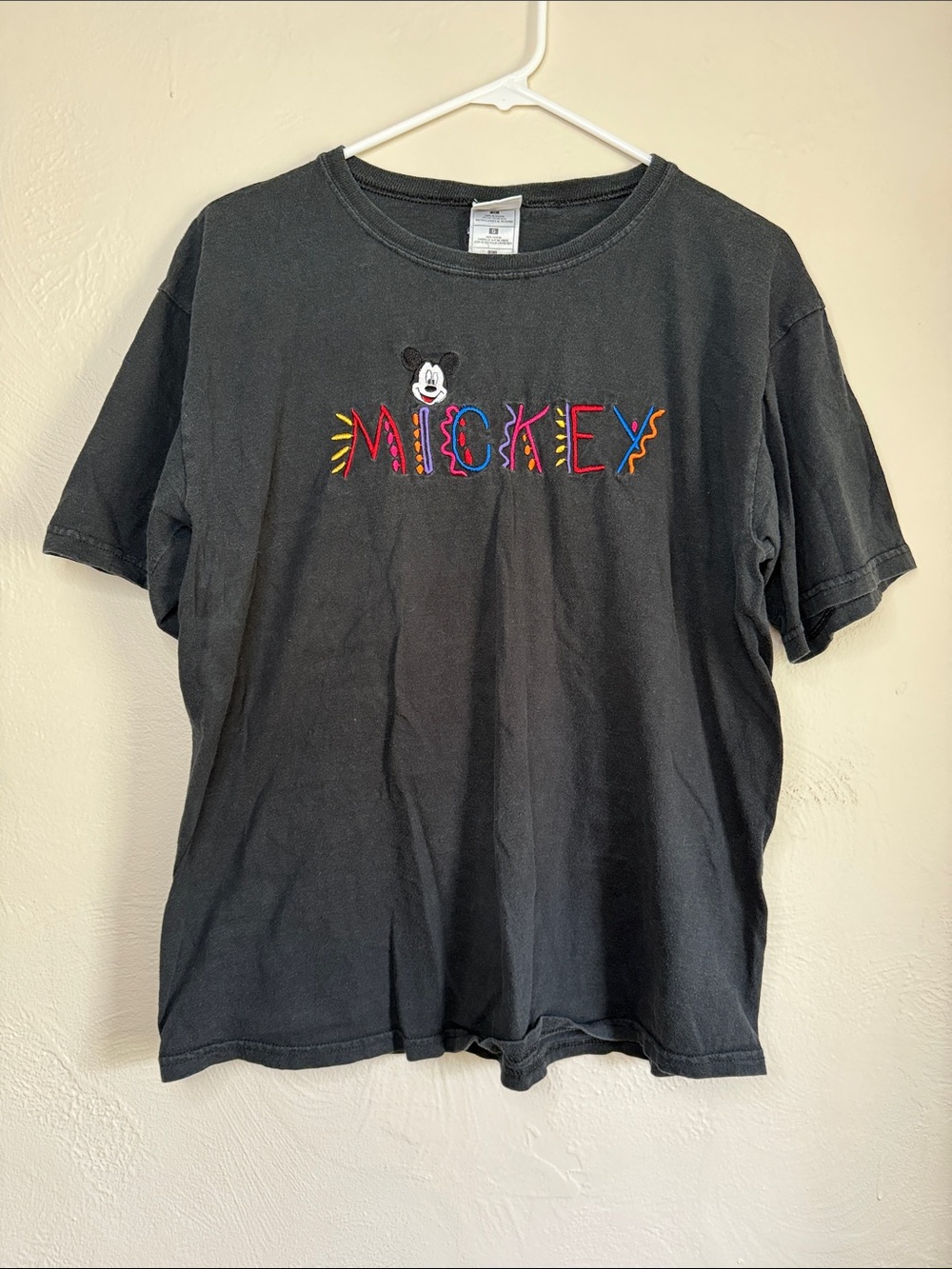 Vintage Mickey Mouse Embroidered Tee Large Faded Black Disney Shirt